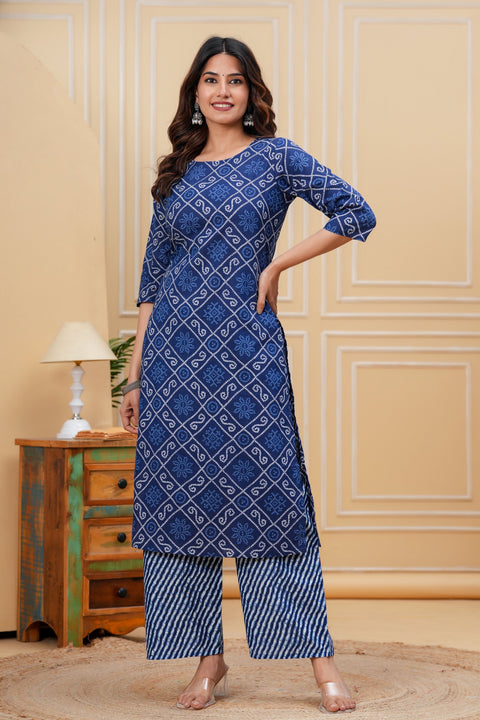 Blue Printed Straight Kurta With Palazzo for Women