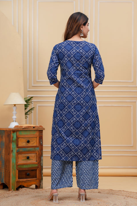 Blue Printed Straight Kurta With Palazzo for Women