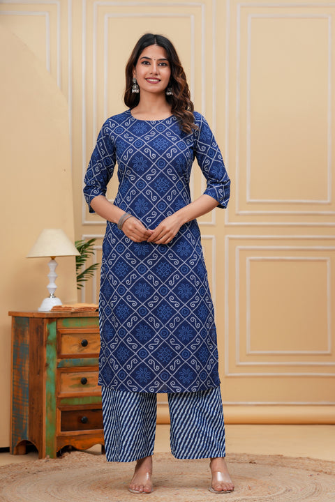 Blue Printed Straight Kurta With Palazzo for Women