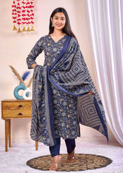 Navy Blue Printed Straight Kurta Set With Dupatta for Women