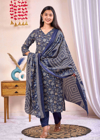 Navy Blue Printed Straight Kurta Set With Dupatta for Women