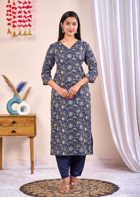 Navy Blue Printed Straight Kurta Set With Dupatta for Women