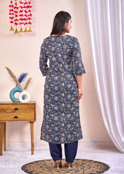 Navy Blue Printed Straight Kurta Set With Dupatta for Women