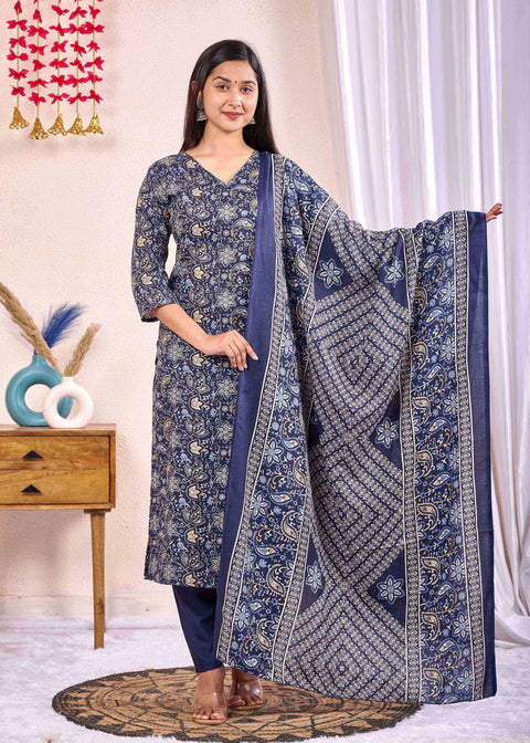 Navy Blue Printed Straight Kurta Set With Dupatta for Women