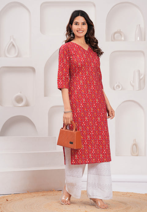 Red Printed Straight Kurta with Three Quarter Sleeves