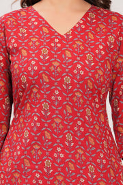 Red Printed Straight Kurta with Three Quarter Sleeves