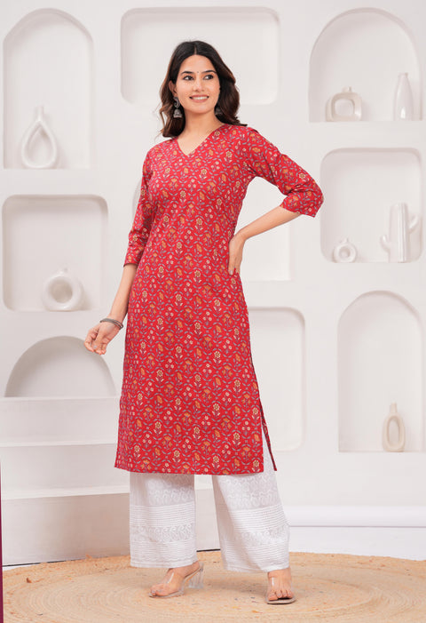 Red Printed Straight Kurta with Three Quarter Sleeves