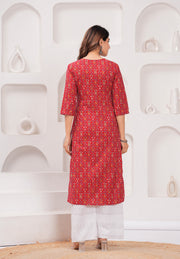 Red Printed Straight Kurta with Three Quarter Sleeves