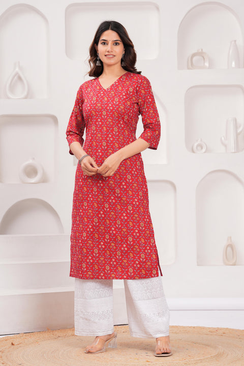 Red Printed Straight Kurta with Three Quarter Sleeves