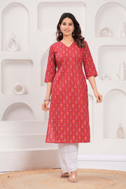 Red Printed Straight Kurta with Three Quarter Sleeves