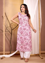 Pink Floral Printed Straight Sleeveless Kurta for Women