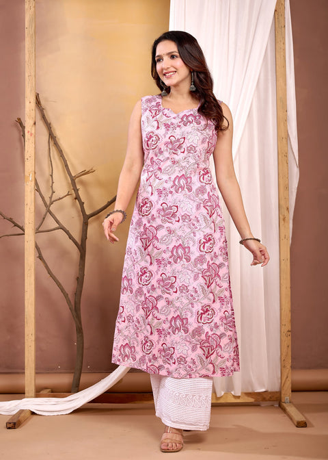 Pink Floral Printed Straight Sleeveless Kurta for Women