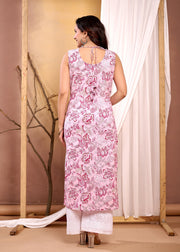 Pink Floral Printed Straight Sleeveless Kurta for Women