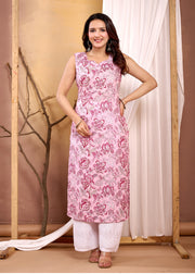 Pink Floral Printed Straight Sleeveless Kurta for Women