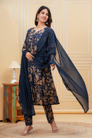 Nayo Navy Blue Printed Anarkali Kurta Set With Dupatta For Women