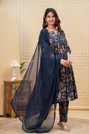 Nayo Navy Blue Printed Anarkali Kurta Set With Dupatta For Women