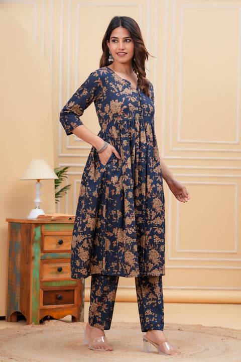 Nayo Navy Blue Printed Anarkali Kurta Set With Dupatta For Women