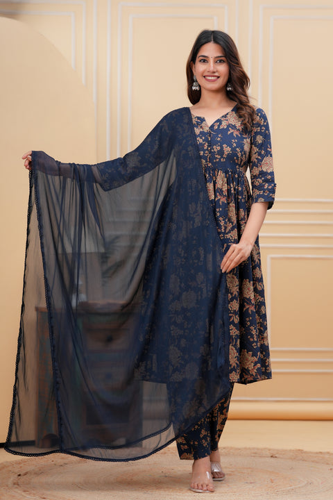 Nayo Navy Blue Printed Anarkali Kurta Set With Dupatta For Women