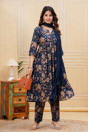 Nayo Navy Blue Printed Anarkali Kurta Set With Dupatta For Women