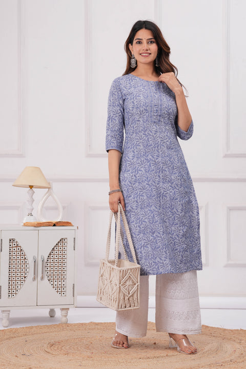 Women Blue Printed Straight Kurta with Three Quarter Sleeves