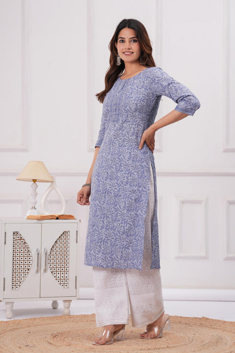 Women Blue Printed Straight Kurta with Three Quarter Sleeves