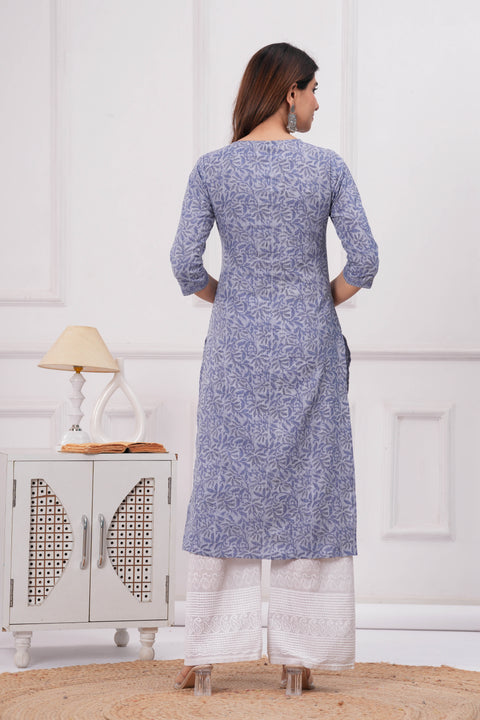 Women Blue Printed Straight Kurta with Three Quarter Sleeves