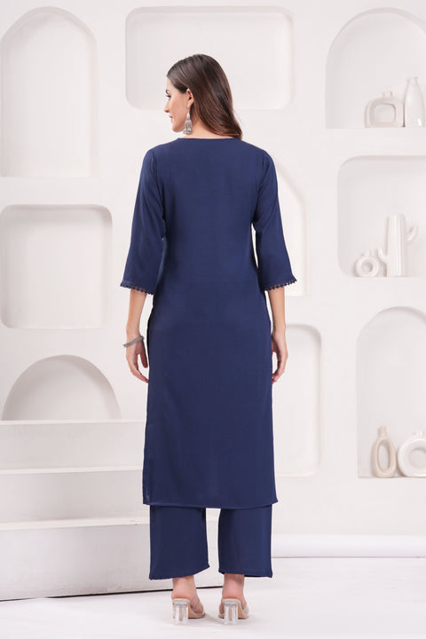 Navy Blue Solid Kurta Set With Printed Dupatta For Women