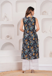 Women Navy Blue Printed Straight Sleeveless Kurta