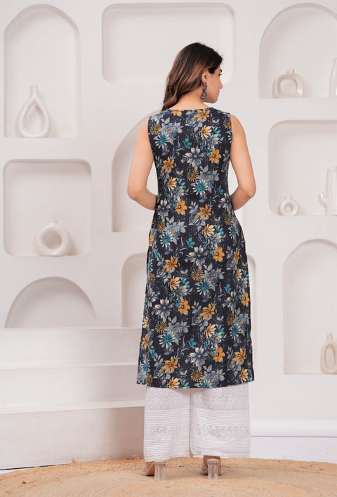 Women Navy Blue Printed Straight Sleeveless Kurta