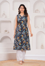 Women Navy Blue Printed Straight Sleeveless Kurta