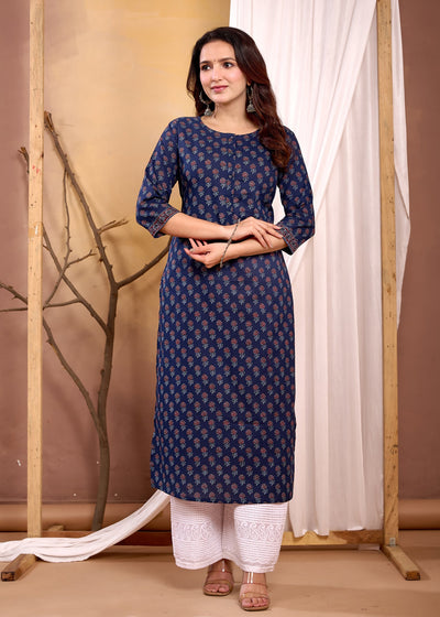 Women Navy Blue Printed Straight Kurta with Three Quarter Sleeves