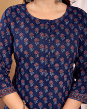 Women Navy Blue Printed Straight Kurta with Three Quarter Sleeves