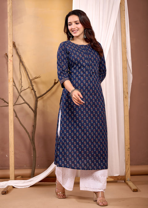 Women Navy Blue Printed Straight Kurta with Three Quarter Sleeves