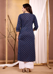 Women Navy Blue Printed Straight Kurta with Three Quarter Sleeves