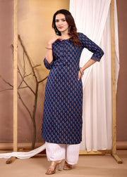 Women Navy Blue Printed Straight Kurta with Three Quarter Sleeves