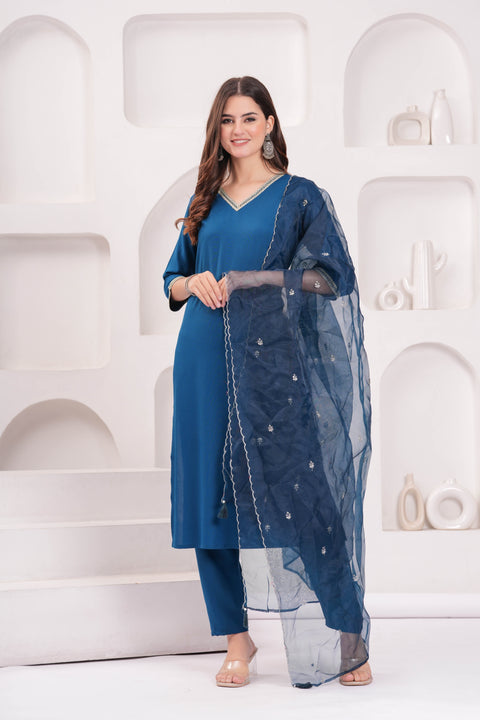 Teal Blue Solid Straight Kurta Set With Organza Dupatta for Women