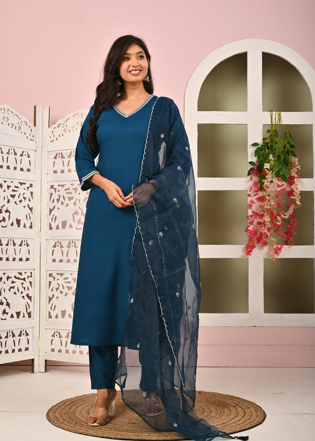 Teal Blue Solid Straight Kurta Set With Organza Dupatta for Women