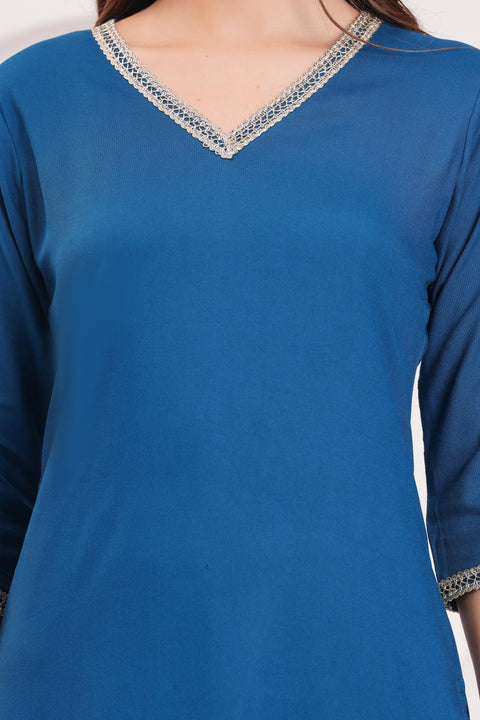 Teal Blue Solid Straight Kurta Set With Organza Dupatta for Women