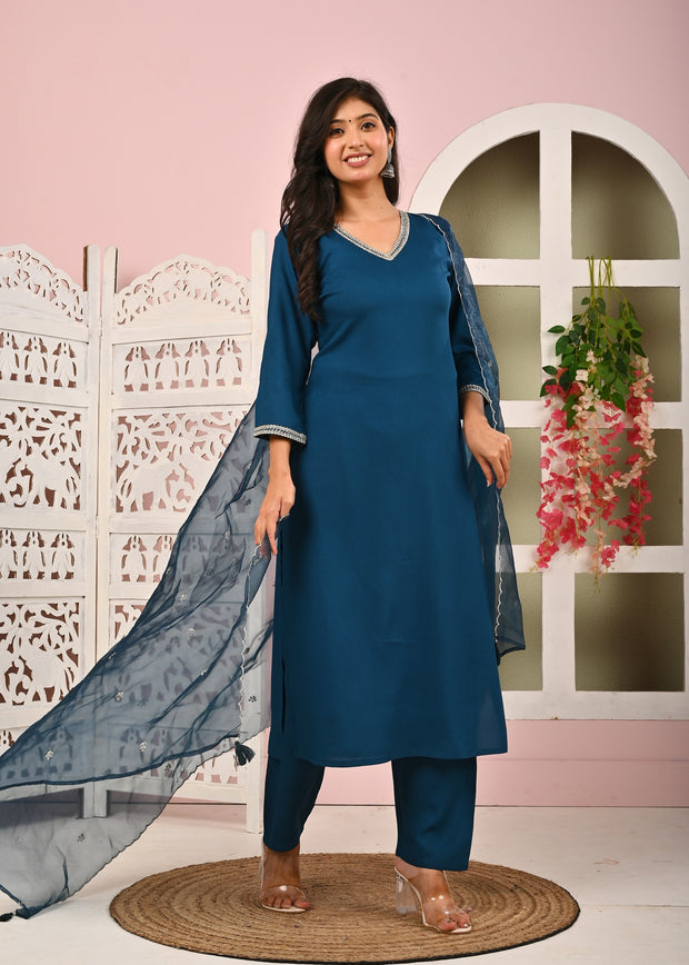 Teal Blue Solid Straight Kurta Set With Organza Dupatta for Women