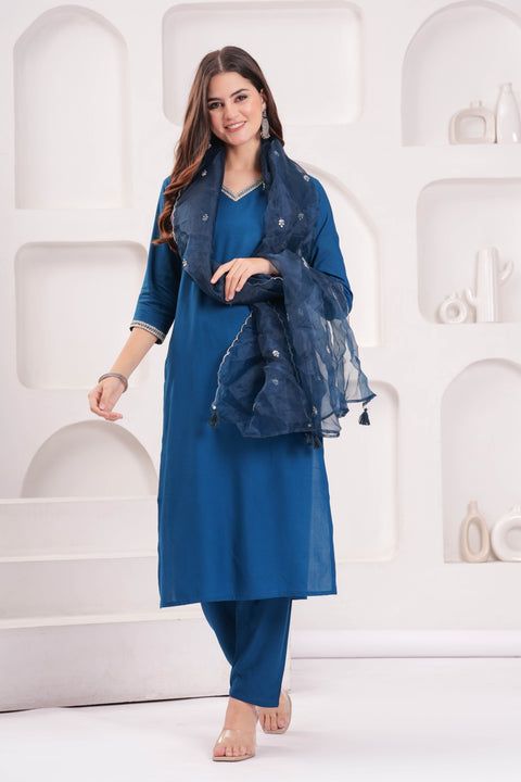 Teal Blue Solid Straight Kurta Set With Organza Dupatta for Women