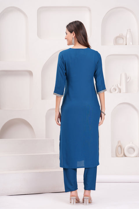 Teal Blue Solid Straight Kurta Set With Organza Dupatta for Women