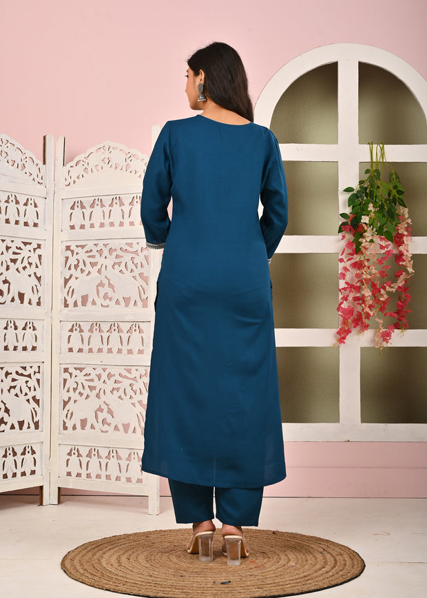 Teal Blue Solid Straight Kurta Set With Organza Dupatta for Women