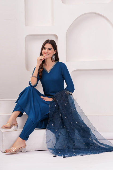Teal Blue Solid Straight Kurta Set With Organza Dupatta for Women