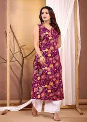 Burgundy Floral Printed Straight Sleeveless Kurta for Women