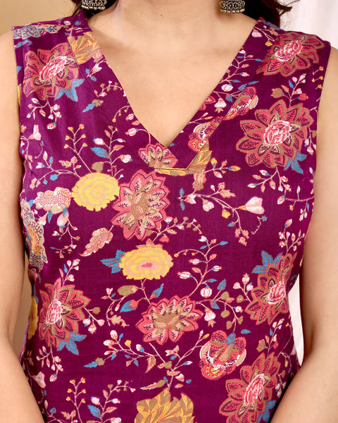 Burgundy Floral Printed Straight Sleeveless Kurta for Women