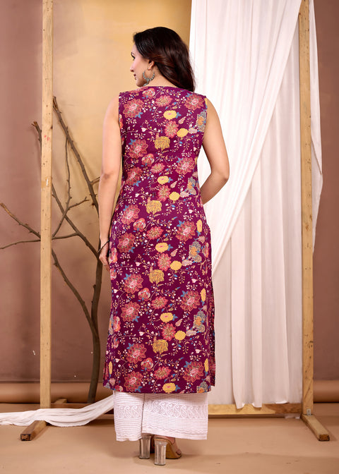 Burgundy Floral Printed Straight Sleeveless Kurta for Women