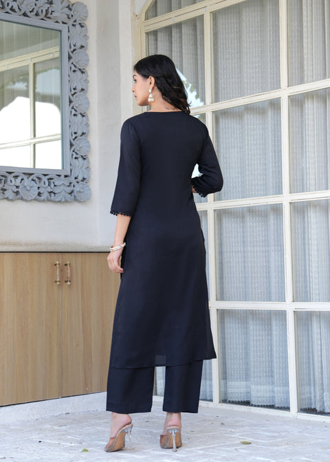 Black Straight Kurta Set With Printed Dupatta for Women