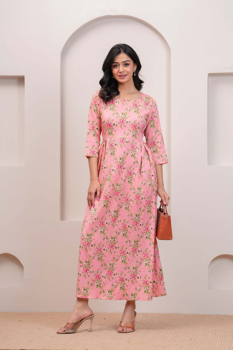 Peach Floral Printed Flared Dress for Women