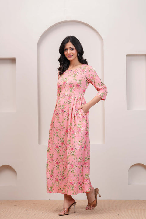 Peach Floral Printed Flared Dress for Women