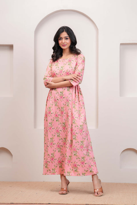 Peach Floral Printed Flared Dress for Women